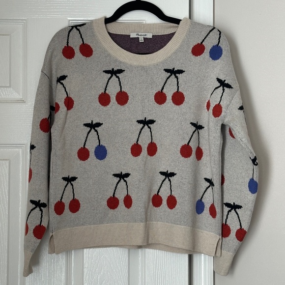 Madewell Cherry Jacquard Pullover Sweater Heather Cement Size Extra Small XS - Picture 2 of 7